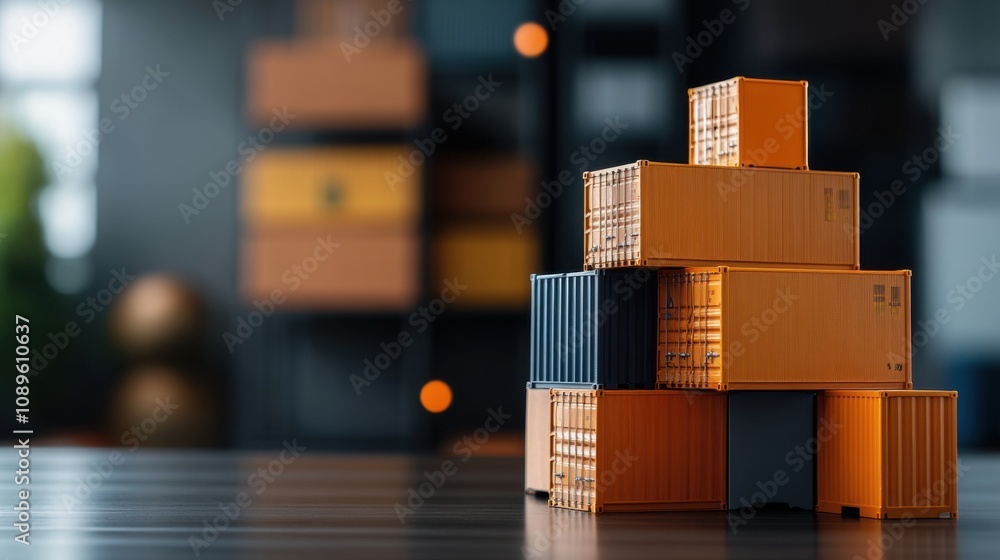 Poster arrangement of colorful shipping containers in a modern workspace with blurred background focusing o