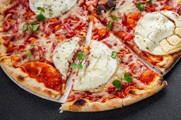 Pizza goat cheese, tomato sauce, bacon tasty food dish fresh delicious gourmet food background on the table rustic food top view copy space top view