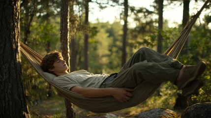Relaxation in Nature: Young Man Resting in Hammock Among Sunlit Trees. Generative ai