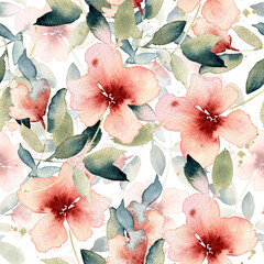 Watercolor abstract pink flowers seamless pattern with leaves. Gentle floral illustration in an intuitive style. For postcards, invitations and printing products