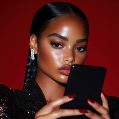 Elegant woman using smartphone on red background