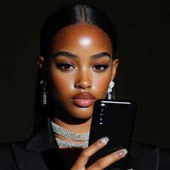 Confident woman with smartphone in elegant pose