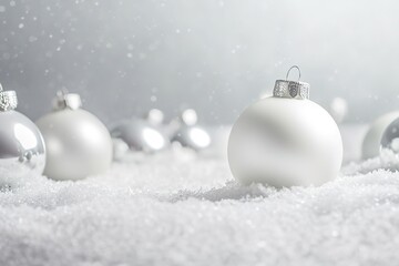 Silver Christmas baubles on snowy surface with subtle glow