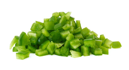 Sliced green bell pepper in a bowl on white background