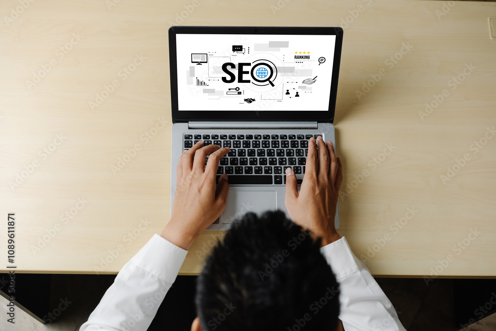 Aufkleber seo search engine optimization for modish e-commerce and online retail business showing on computer 