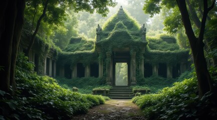 Abandoned temple enveloped in lush greenery