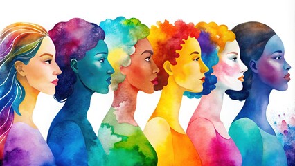 Obraz premium Honor International Womenâ€™s Day 2024 by celebrating diversity through a vivid greeting card adorned with elegant watercolor silhouettes of inspiring women.
