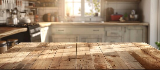 Wooden Table with Free Space in Blurred Kitchen Background
