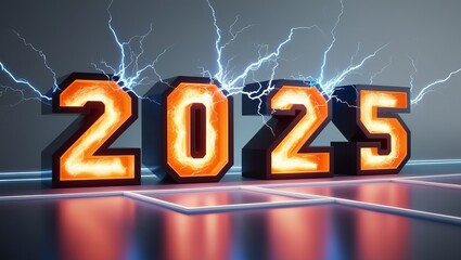 Electrifying arrival of 2025!  Bold, illuminated numbers strike a futuristic pose, energized by bolts of lightning.