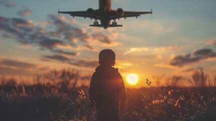 Fototapeta premium Rearview silhouette of a little toddler boy child standing outdoors in the field and looking at the shadow of airplane flying over the sunset sky. Aircraft pilot dream,travel and freedom adventure.