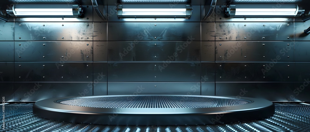 Aufkleber Futuristic Metallic Interior with Circular Platform and Bright Lighting in a High-Tech Setting Perfect for Sci-Fi Themes and Virtual Displays
