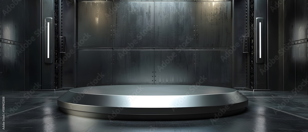 Poster Modern Studio Environment with Dark Metallic Walls and Circular Platform Ideal for Presentations, Product Displays, or Digital Backgrounds in Creative Projects