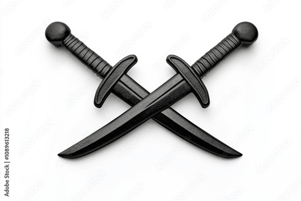 Poster clean design of dual swords crossed akimbo, with sharp, sleek lines and a monochromatic palette