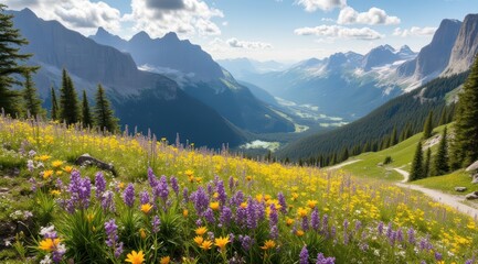 Vibrant wildflowers in majestic mountain landscape