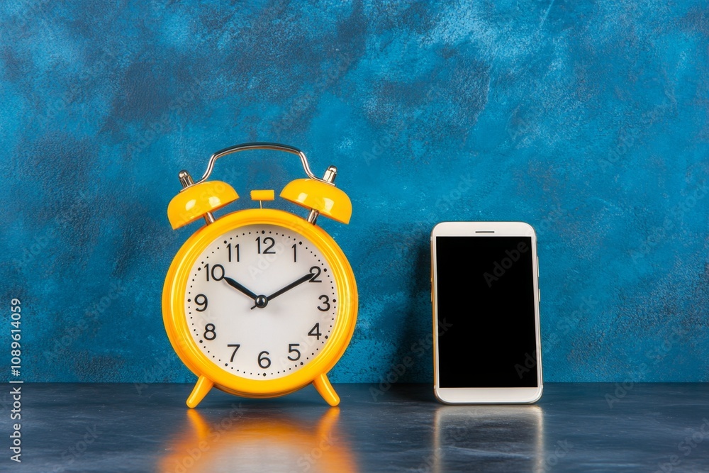 Poster Clock alarm vibrating on a desk, with a smartphone lying next to it showing the same time