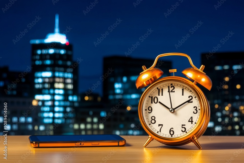 Poster Clock alarm vibrating on a desk, with a smartphone lying next to it showing the same time