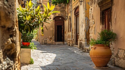 A serene alleyway with rustic architecture, potted plants, and warm sunlight illuminating the cobblestone path.