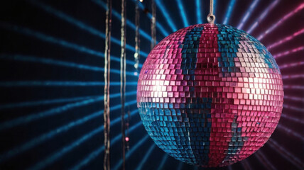 Obraz premium Bola de discoteca rosa y azul reflejando luces 