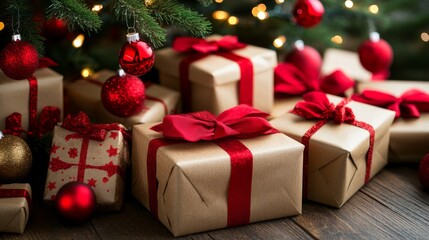 Obraz premium Christmas Gifts Underneath Decorated Tree With Ornaments