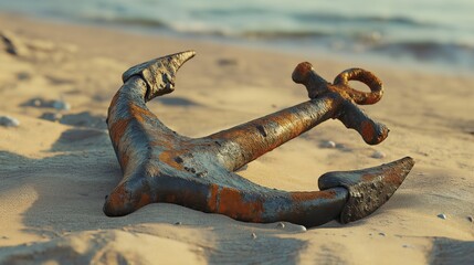 A rusty anchor resting on the sandy shore near the water.