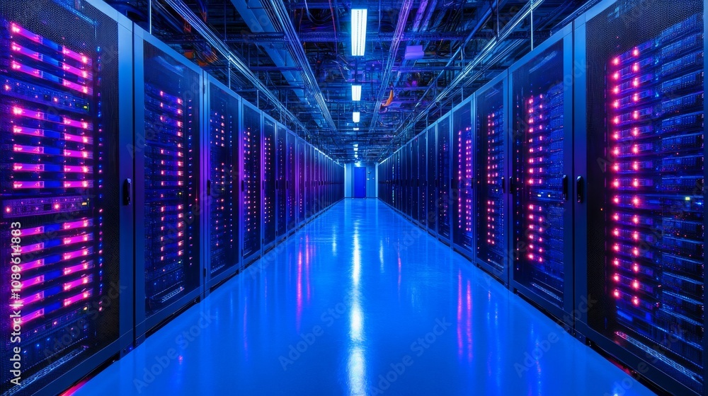 Poster illuminated server racks in modern data center corridor