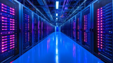 Obraz premium Illuminated Server Racks In Modern Data Center Corridor