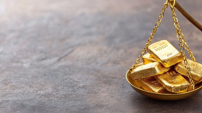 Balancing wealth and justice with gold bars against a blurred backdrop in a high-resolution setting