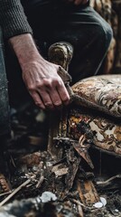 Obraz premium A hand meticulously applies finishing touches to a restored chair made from recycled materials