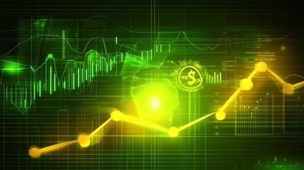 Abstract glowing financial charts and business growth data on a tech background