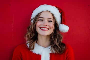 woman in Santa outfit, cheerful and festive expression on a red backdrop - Powered by Adobe