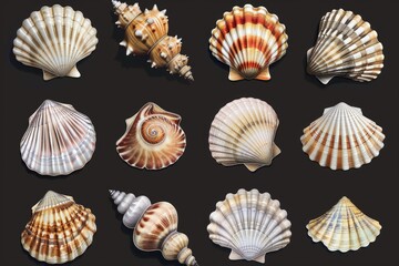 Obraz premium Collection of seashells against a dark background, great for beach or ocean-themed designs