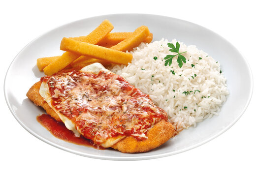 fil&eacute; a parmegiana acompanhado de polenta frita e arroz branco isolado em fundo transparente