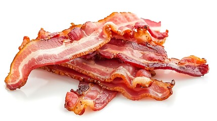 Obraz premium A pile of crispy bacon strips arranged on a white background.