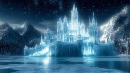 An elegant ice palace with intricate frosted designs, surrounded by a frozen lake and towering snow covered mountains, under a starry night sky. Frozen Ice Palace. Illustration