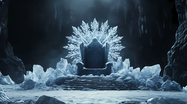 A throne made of ice with large snowflakes in the center and on the sides, dark background. Frozen Ice Palace. Illustration