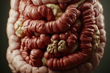 Close-up shot of a person's stomach with abundant food inside