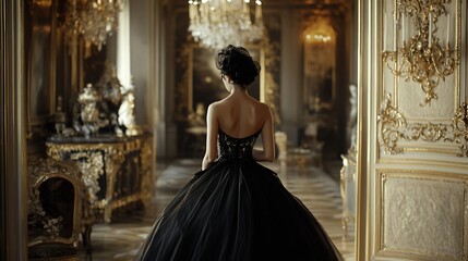 Fototapeta premium Elegant woman in black gown, back view, opulent palace interior.