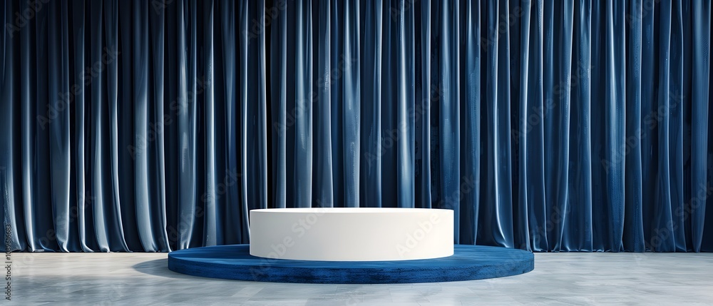 Poster Modern Stage Setup with Circular Platform Surrounded by Luxurious Blue Curtains in a Bright and Spacious Venue for Performances and Presentations
