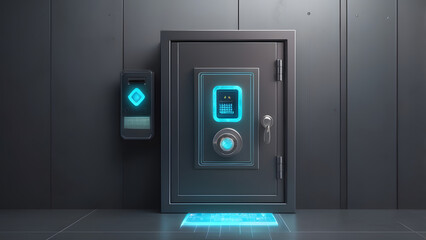 Safe with Digital Interface: A steel safe door with glowing holographic touchpad elements, symbolizing secure banking