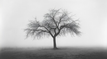 A solitary bare tree stands in a foggy field, creating a serene and mysterious atmosphere.