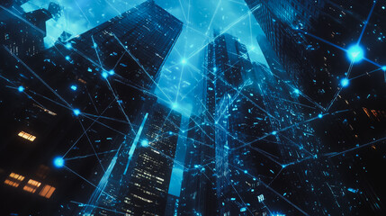 Smart digital Innovation Business skyscrapers in the Financial District with connection network reciprocity over the cityscape. of future smart wireless digital city and social media networking

