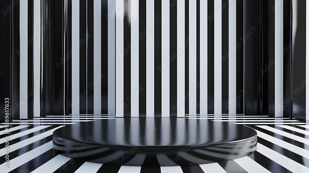 Poster striking black and white studio background with vertical stripes and circular platform ideal for cre
