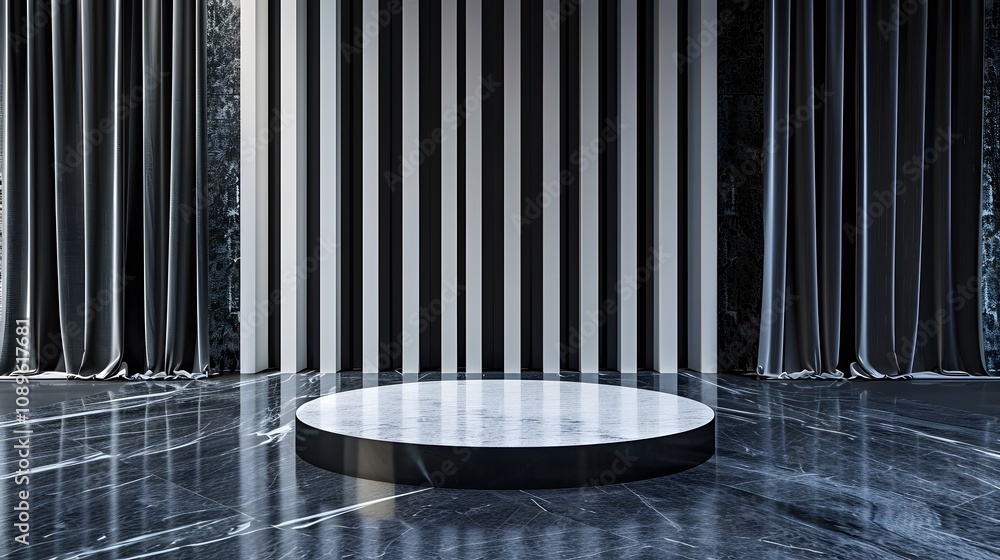 Poster modern minimalist stage design featuring vertical striped curtains and circular platform in sophisti
