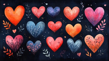 Valentine's day, watercolor illustration in the form of hearts pattern. Heart element design for Valentine's Day