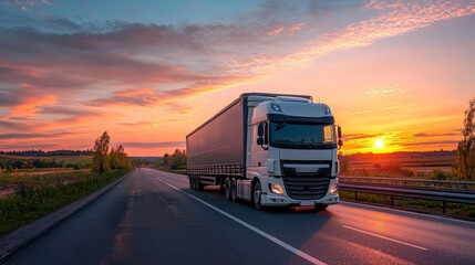 Transporting cargo at sunset open highway trucking industry scenic landscape dynamic view logistics concept