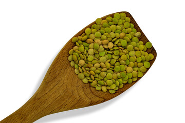 Wooden Spoon Filled With Raw Green Lentils Isolated on White Background