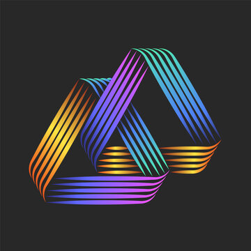 Two overlapping triangles logo vibrant geometric optical illusion with colorful twisted thin parallel lines forming an infinite triangular shape, dynamic stripes gradient hues on dark background.
