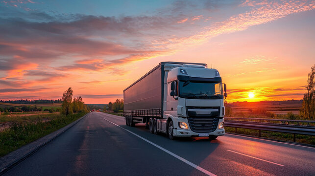 Transporting cargo at sunset open highway trucking industry scenic landscape dynamic view logistics concept