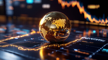 Golden globe visualization amid market trends digital financial environment business analytics global economy insights