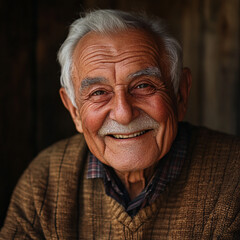 Obraz premium Elderly man smiling warmly in a rustic setting with soft lighting